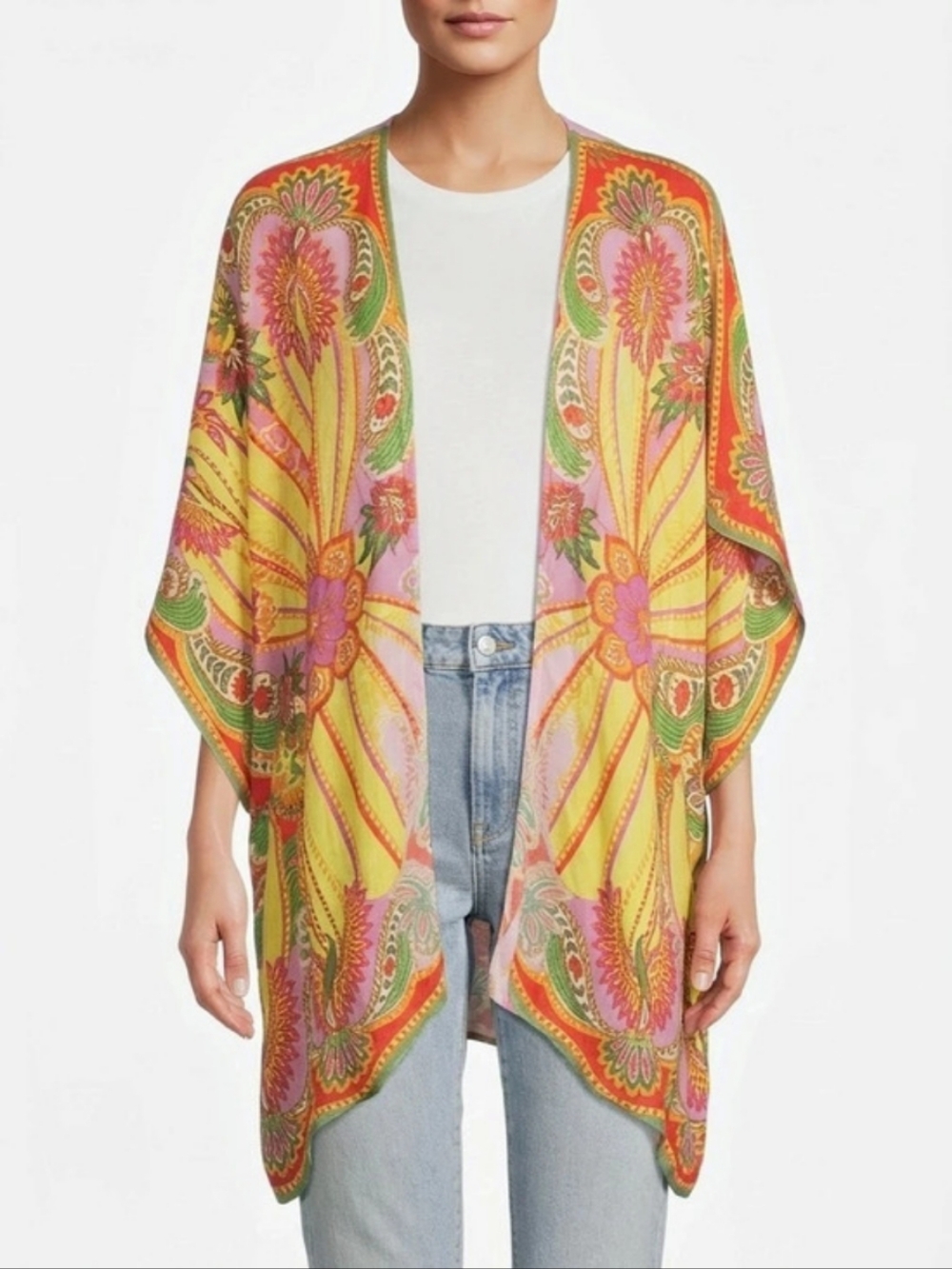 Farm Rio Arabesc Soft Yellow Kimono Yellow & Pink XS